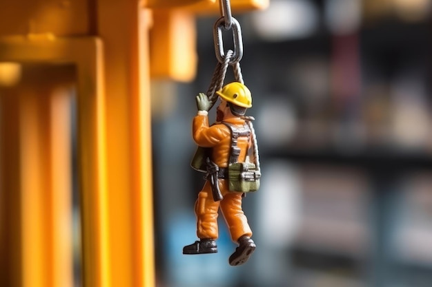 A toy worker hangs from a metal structure with a yellow helmet.