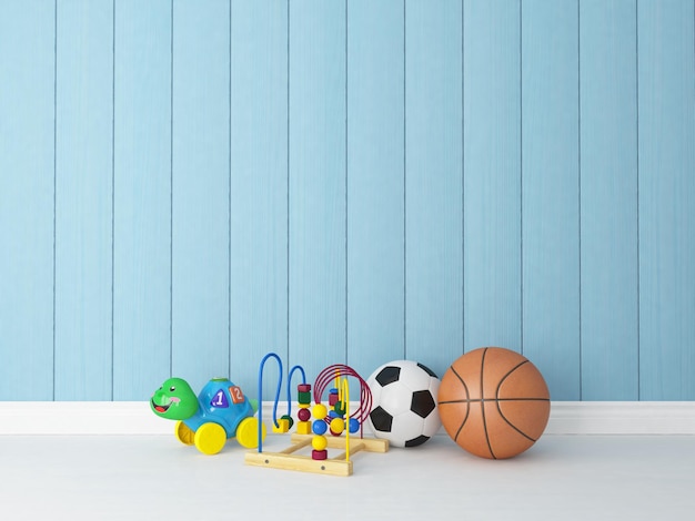 Toys balls in children's or kids room with painted blue wooden rendering background for your design