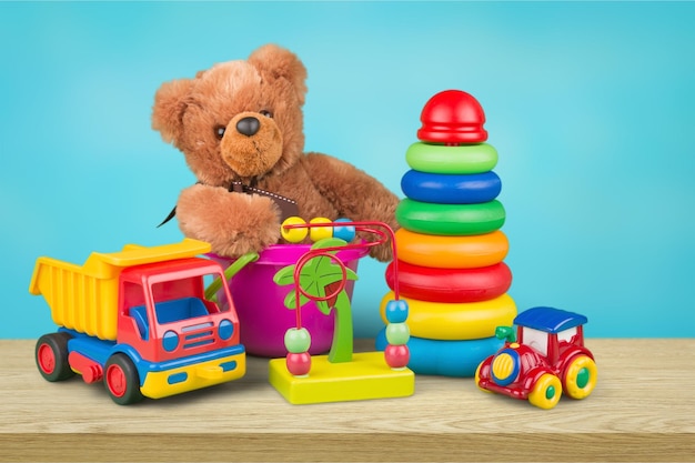 Toys collection isolated on light background