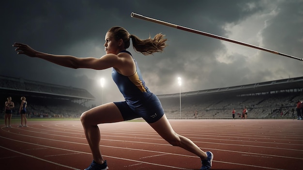 Photo track and field athlete launching javelin dynamic action scene realistic illustration