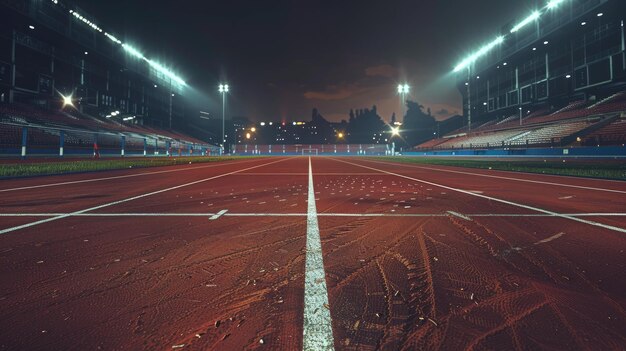 Photo a track and field stadium glows under bright white lights against a dark night sky its empty stands looming in the background while the red running strip remains void of any athletes