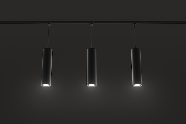 Photo track lighting system pendant ceiling lamps at night 3d render modern black metal long tubes accent light for exhibition hall cafe or office interior isolated on dark background