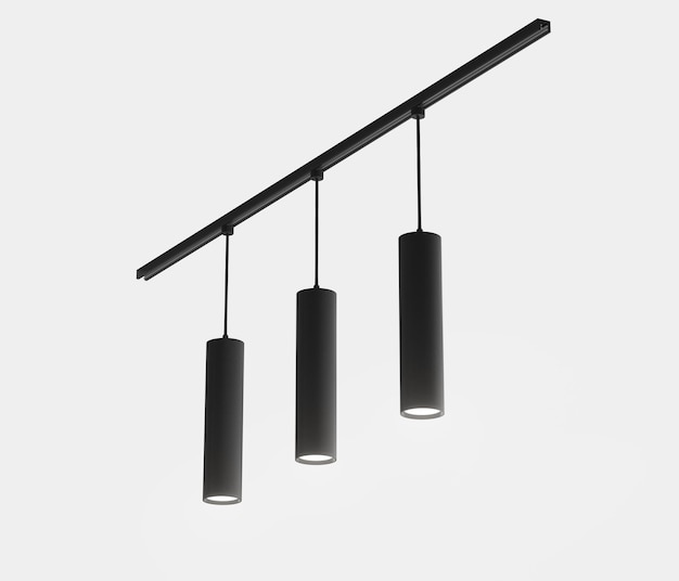 Track spot lights 3d render Modern black metal tube LED lamps realistic mockup hanging cylinder spotlights for loft style interior design home or office isolated on white background