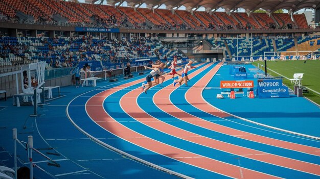 Photo a track with a blue and red track and a blue track with a red and white track runner on it