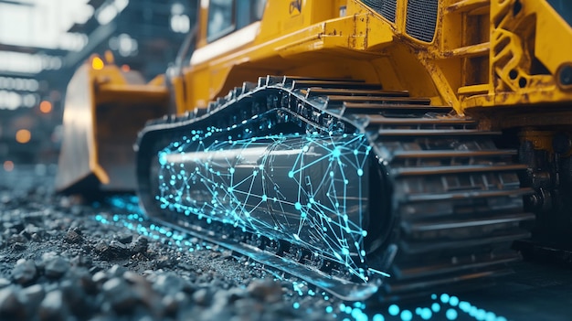 Photo tracks of heavy machinery lit by digital patterns on a construction site in daylight