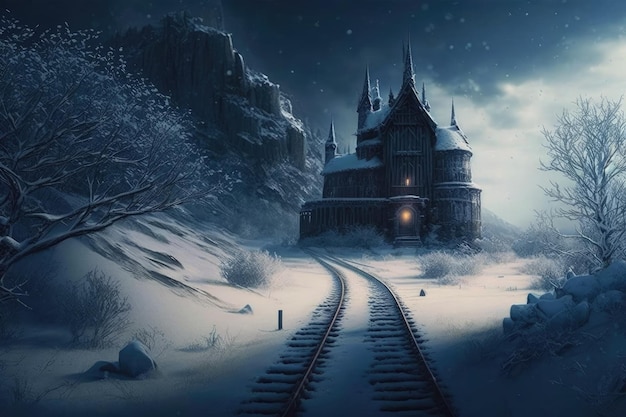 Tracks in the snow that lead to a magical castle straight out of a fairy tale