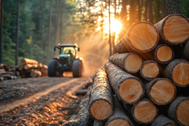 Tractor carrying wood leaving pile of freshly cut tree trunks in forest at sunset