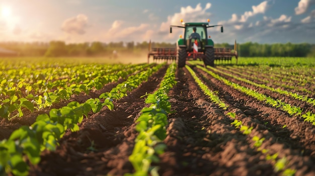 Tractor cultivating a field of young green plants in the spring