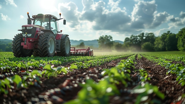 Tractor Driving Through Field of Crops