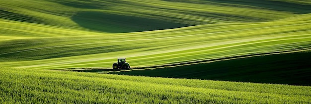 Photo tractor driving through a vibrant green field