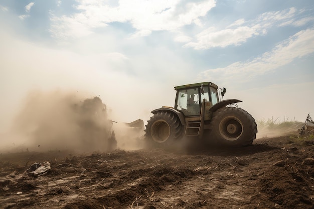 Tractor dumping waste into landfill with billowing clouds of dust and smoke