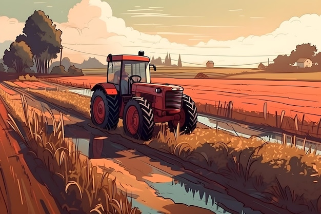 A tractor on a farm with a field in the background