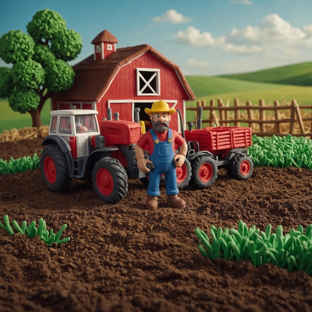 Photo tractor and farmer working together to maintain the farms productivity and success