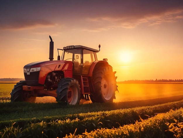 tractor on field with sunrise