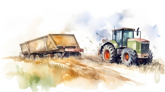 A tractor during the harvest colorful illustration Generative AI