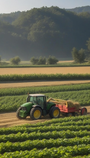 Photo a tractor is driving down a dirt road and is plowed by a field of crops