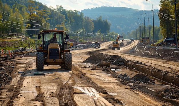 a tractor is driving down a dirt road with a mountain in the background