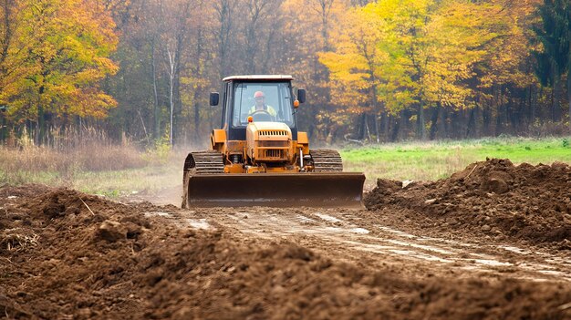 Photo a tractor is driving down a dirt road in the woods