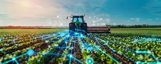 Photo a tractor is driving through a field of crops