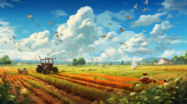 a tractor is driving through a field of crops.