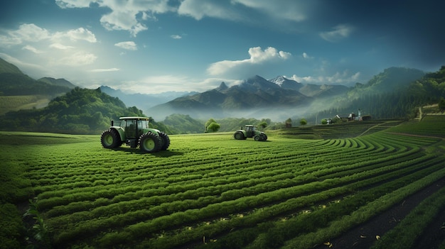 a tractor is driving through a field of green grass.