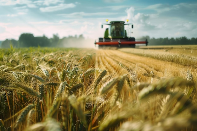 a tractor is driving through a field of wheat