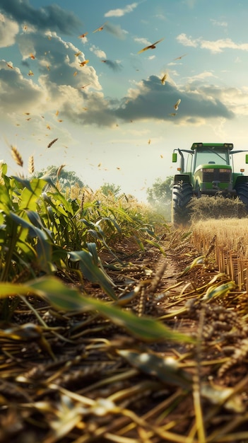 a tractor is driving through a field of wheat