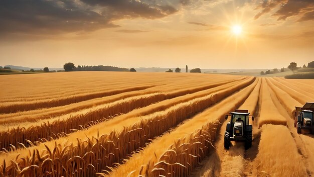 a tractor is driving through a field with the sun shining on it