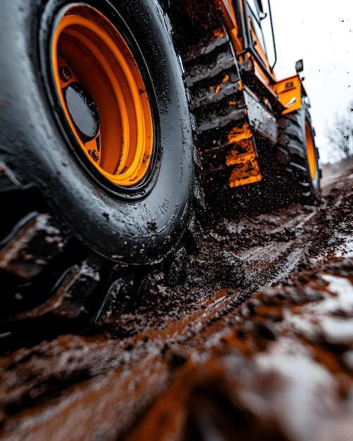 a tractor is driving through a muddy puddle of water