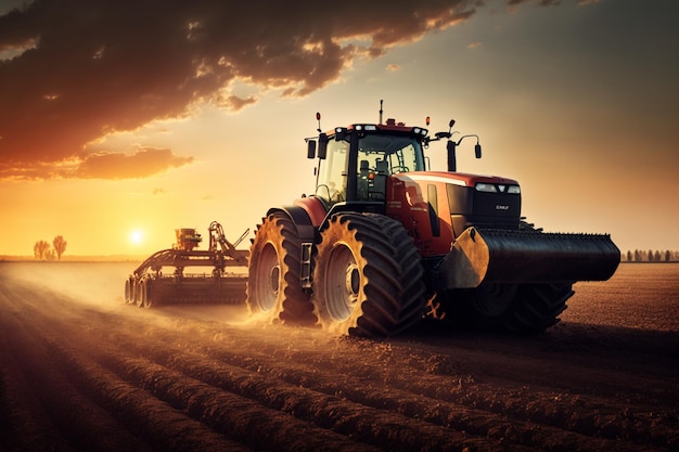 A tractor is on a field at sunset.