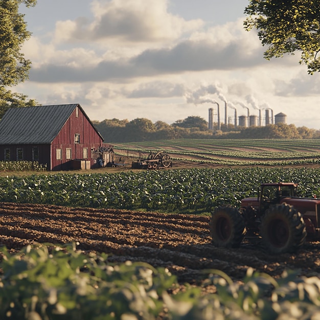 Photo a tractor is in a field with a factory in the background