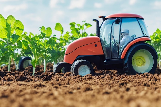 A tractor is on a field with a man driving it.