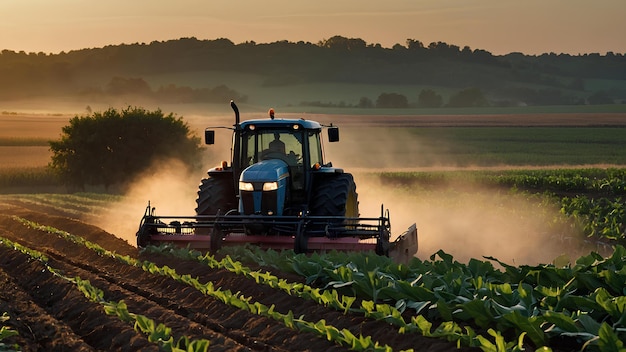 a tractor is plowing a field with a field of crops in the background