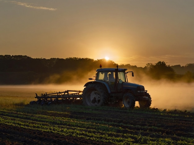 a tractor is plowing a field with the sun behind it