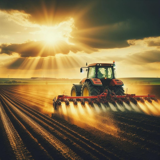 a tractor is plowing a field with the sun shining through the clouds