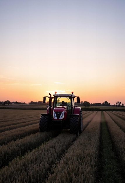 Photo a tractor is shown in a field with the sunset in the background