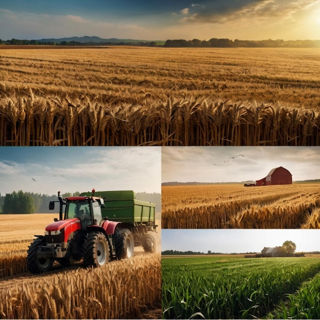 a tractor is on a wheat field and has a farm in the background