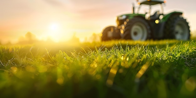 Tractor lawn mower on bright background Concept Farming Lawn Care Agriculture Machinery Summer Landscaping