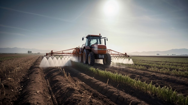 a tractor plowing a field with the sun behind it