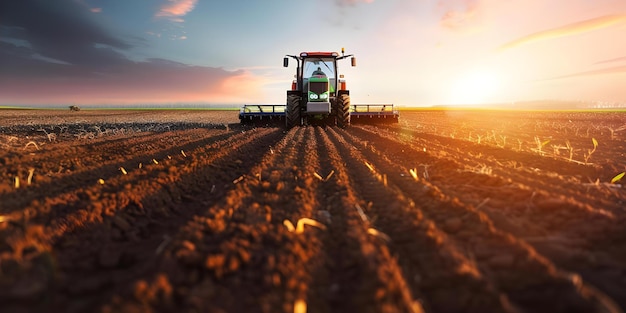 Tractor plowing fields under evening sky promoting sustainable farming practices and crop rotation Concept Agricultural Innovations Sustainability Practices Tractor Farming Crop Rotation