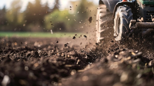 Tractor plowing soil creating debris in field