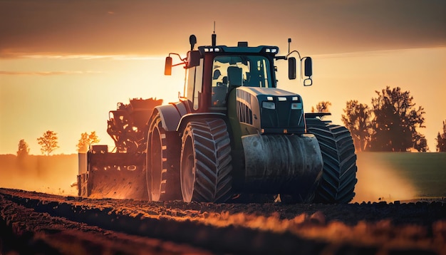 The tractor plows the field against a dramatic sunset