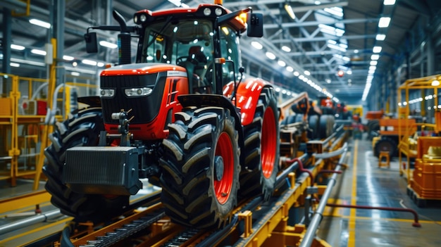 Photo tractor production assembly line inside an agricultural machinery factory installing parts on the tractor body