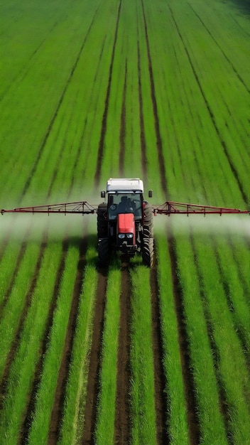 Tractor spraying chemical pesticides with sprayer on the large green agricultural field at spring