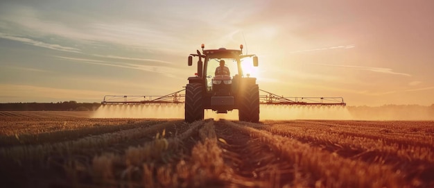 Tractor spraying crops at sunset in a golden wheat field