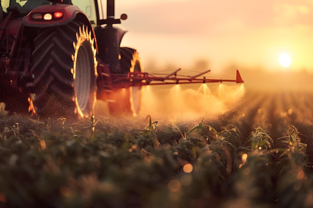 Tractor spraying crops at sunset with soft glow