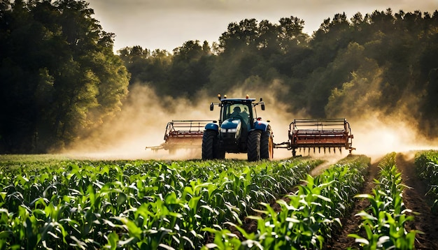 Tractor Spraying Pesticides on cornfield Plantation at Sunset