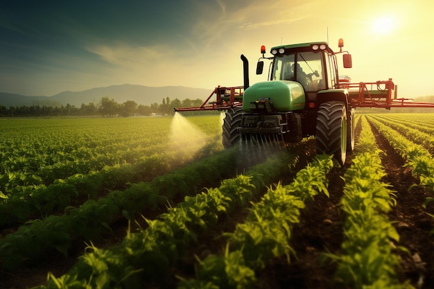 Tractor spraying pesticides fertilizer on crops farm field