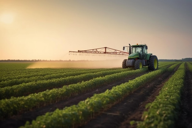 Tractor spraying pesticides on soy field with sprayer at spring