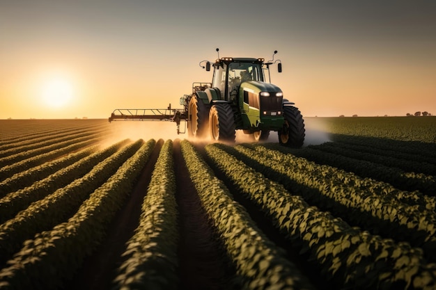 Tractor spraying pesticides on soybean field at spring AI Generation